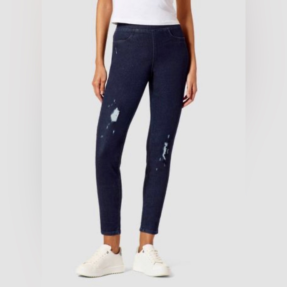 Hue Studio Women's Distressed Stretchy Denim Leggings - Midnight Rinse -…